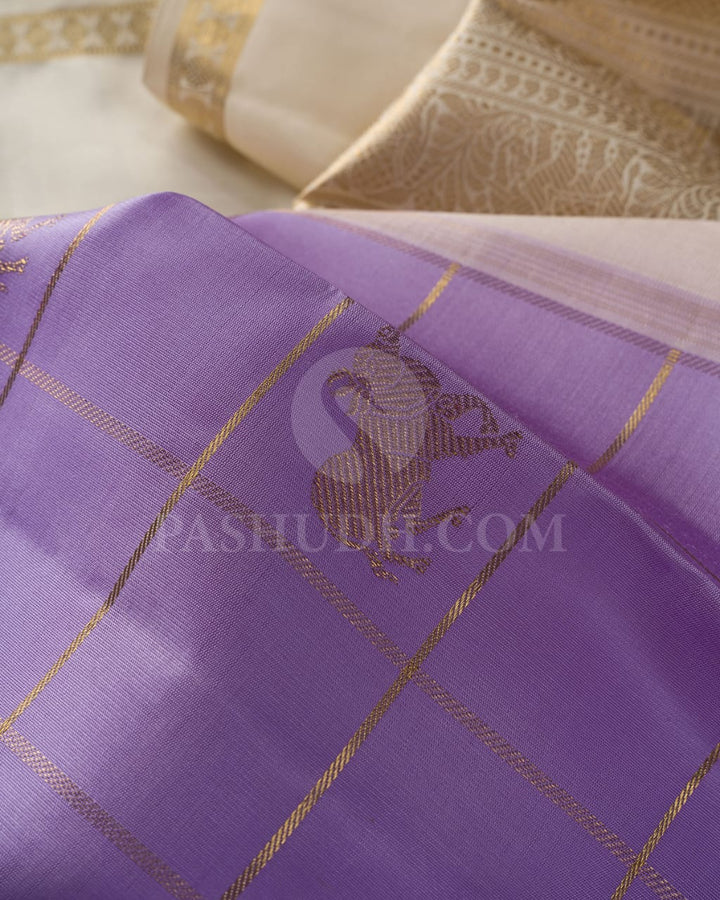 Lavender And Cream Plain Kanjivaram Silk Saree-SP225