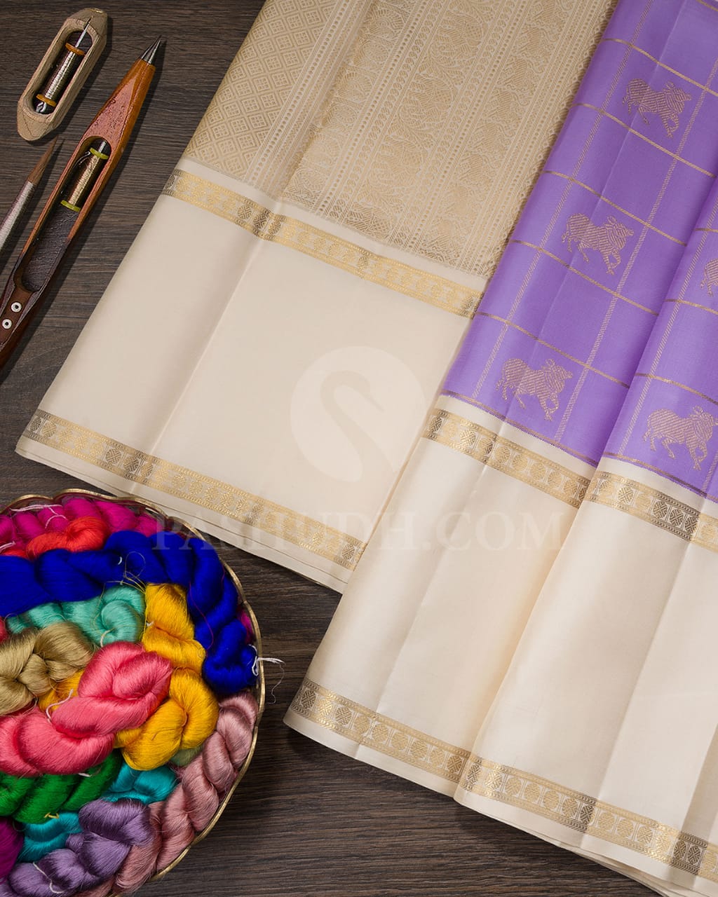 Lavender And Cream Plain Kanjivaram Silk Saree-SP225
