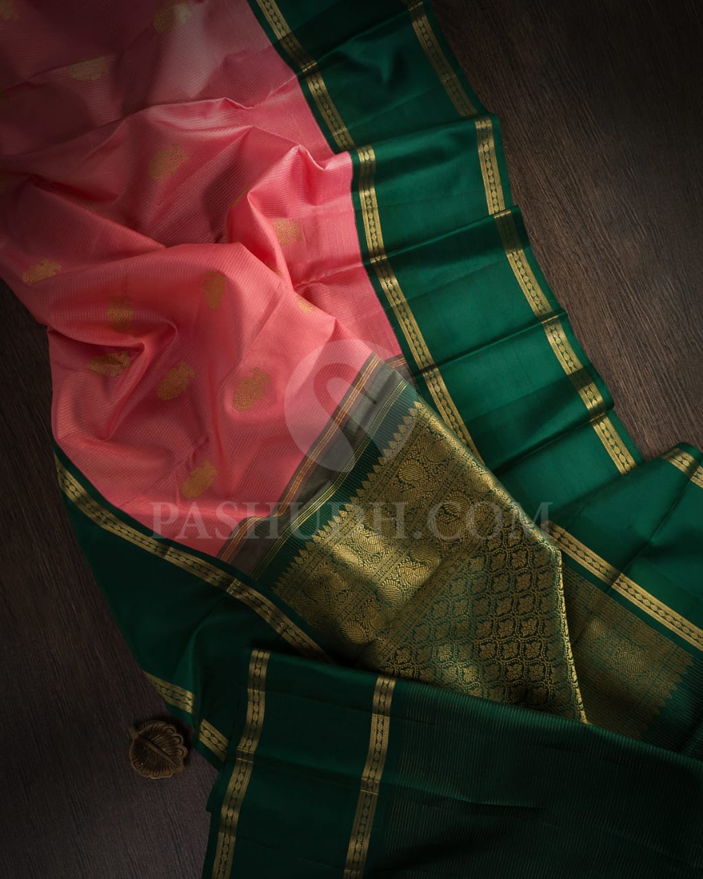 Watermelon Pink And Forest Green Kanjivaram Silk Saree-SP236