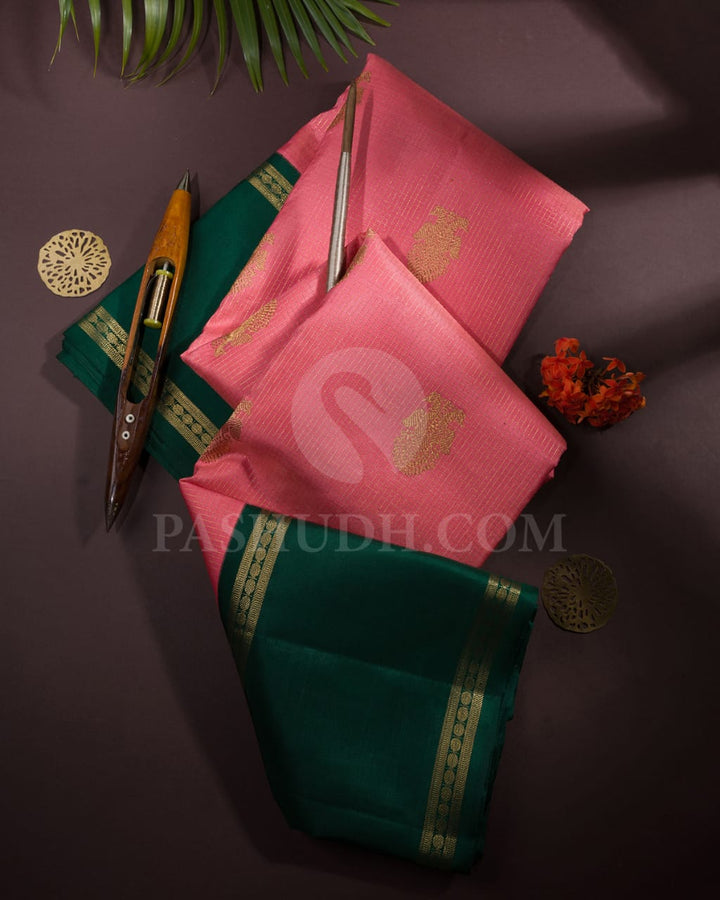 Watermelon Pink And Forest Green Kanjivaram Silk Saree-SP236