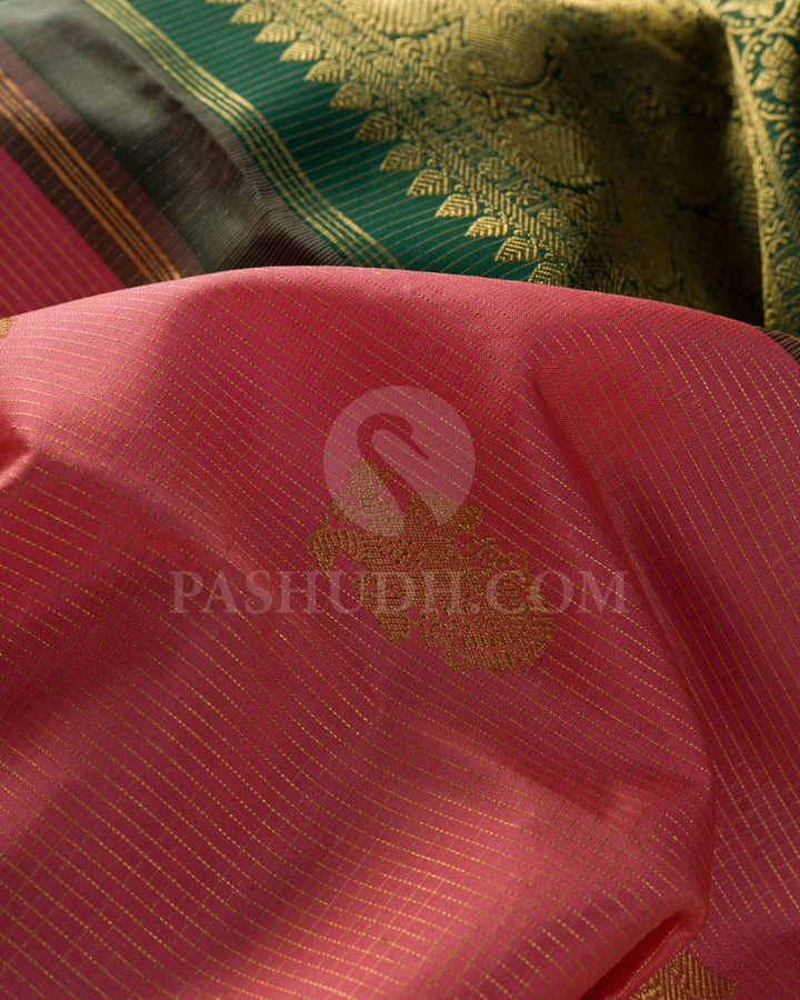 Watermelon Pink And Forest Green Kanjivaram Silk Saree-SP236