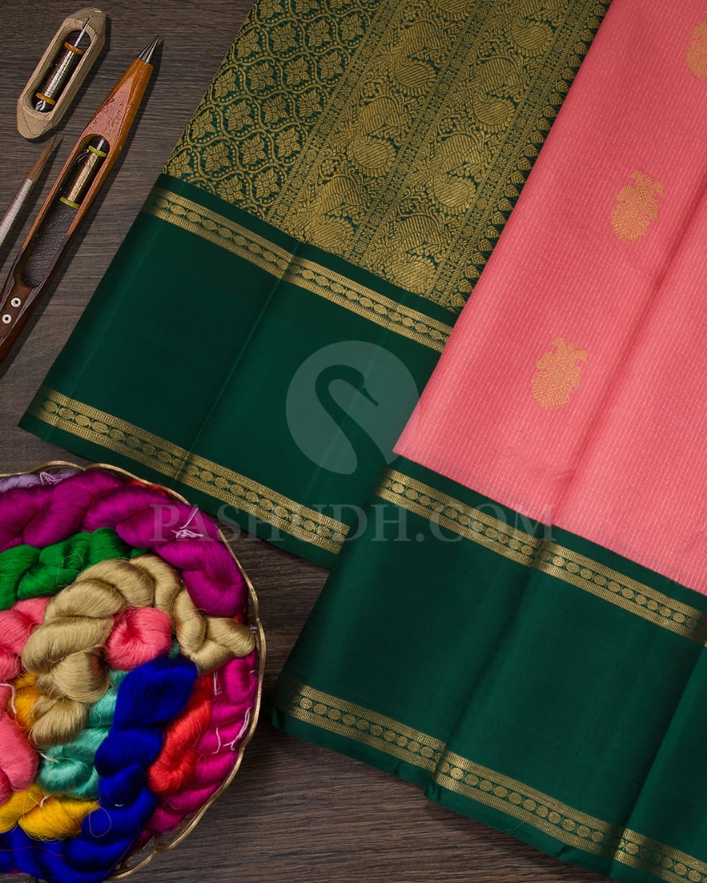 Watermelon Pink And Forest Green Kanjivaram Silk Saree-SP236