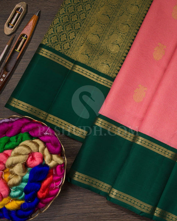 Watermelon Pink And Forest Green Kanjivaram Silk Saree-SP236