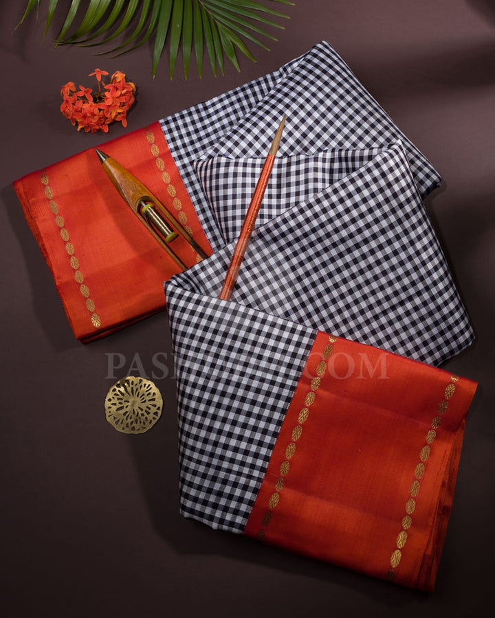 Black, White And Orange Pure Kanjivaram Silk Saree-SP200