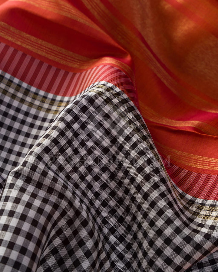 Black, White And Orange Pure Kanjivaram Silk Saree-SP200