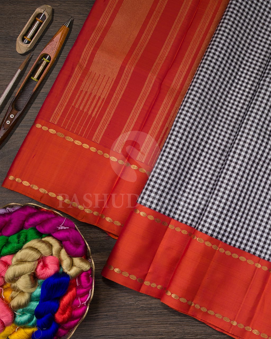 Black, White And Orange Pure Kanjivaram Silk Saree-SP200