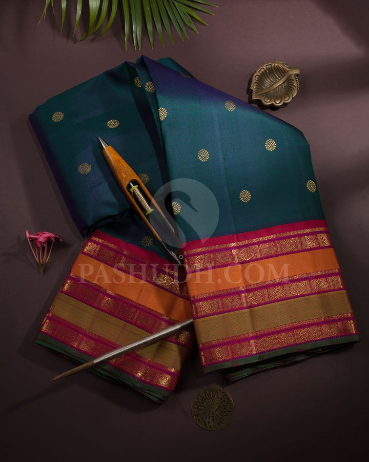 Teal Blue And Maroon Pure Zari Kanjivaram Silk Saree-SP226