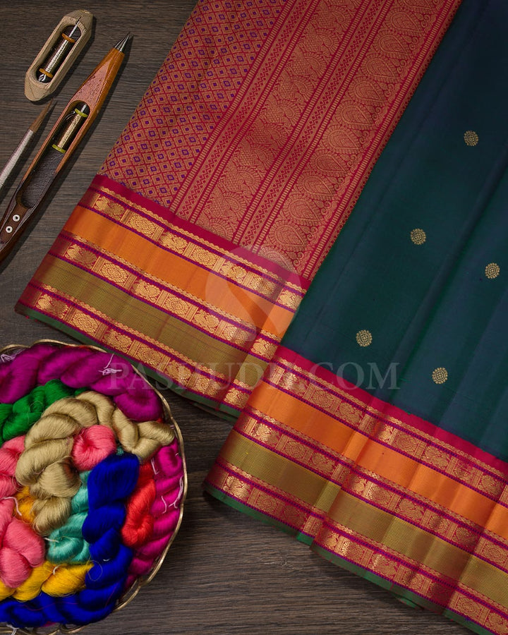Teal Blue And Maroon Pure Zari Kanjivaram Silk Saree-SP226