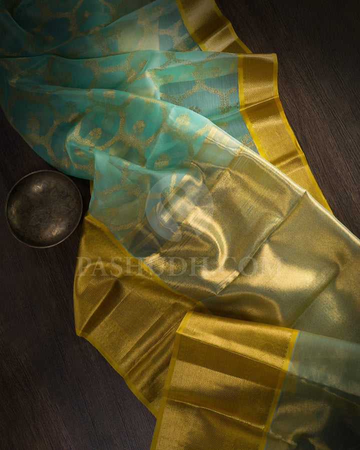 Sky Blue And Golden Yellow Organza Kanjivaram Silk Saree-SP233