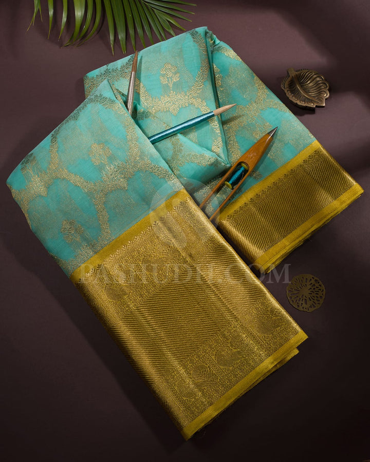 Sky Blue And Golden Yellow Organza Kanjivaram Silk Saree-SP233