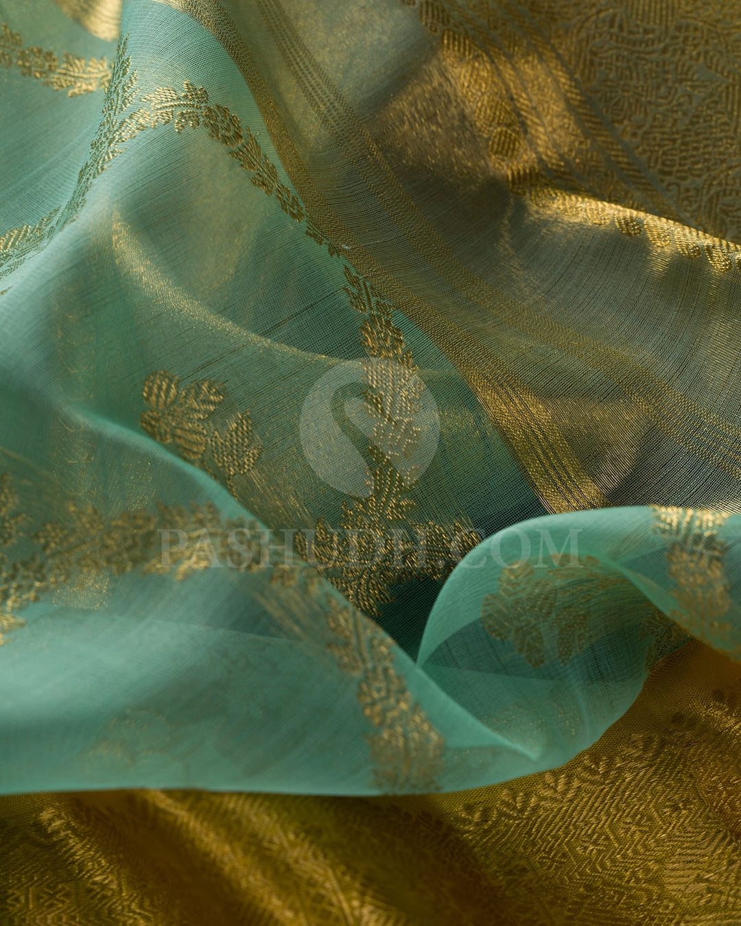 Sky Blue And Golden Yellow Organza Kanjivaram Silk Saree-SP233
