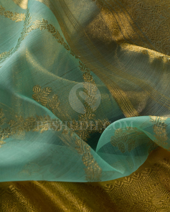 Sky Blue And Golden Yellow Organza Kanjivaram Silk Saree-SP233