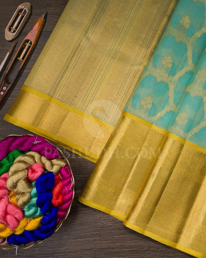 Sky Blue And Golden Yellow Organza Kanjivaram Silk Saree-SP233