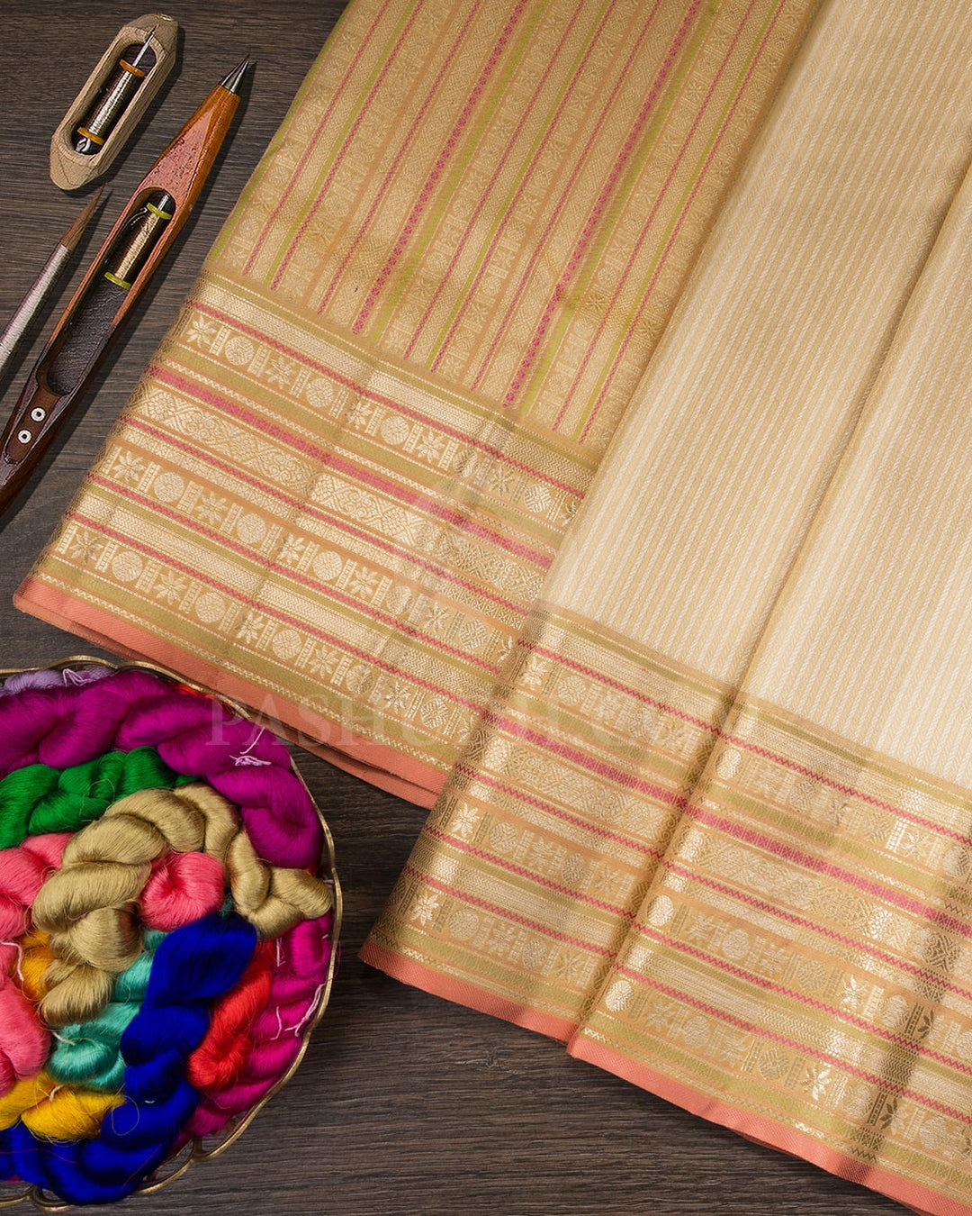 Cream And Sandal Kanjivaram Silk Saree-S1062(H)