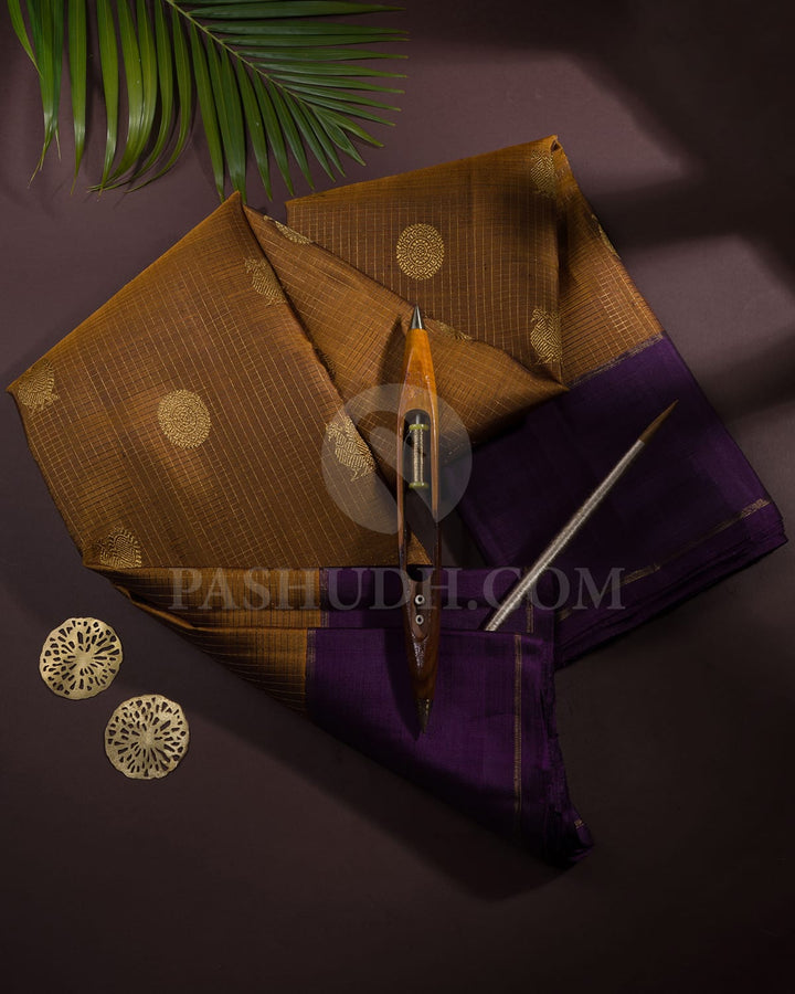 Brown And Purple Pure Zari Kanjivaram Silk Saree-SP204