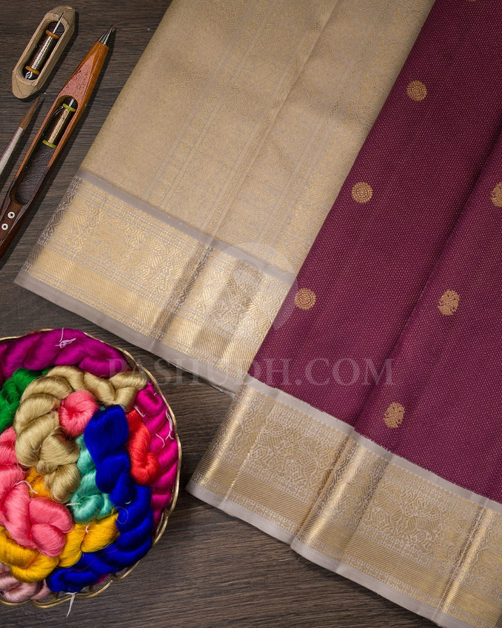 Wine And Grey Pure Zari Kanjivaram Silk Saree-SP201