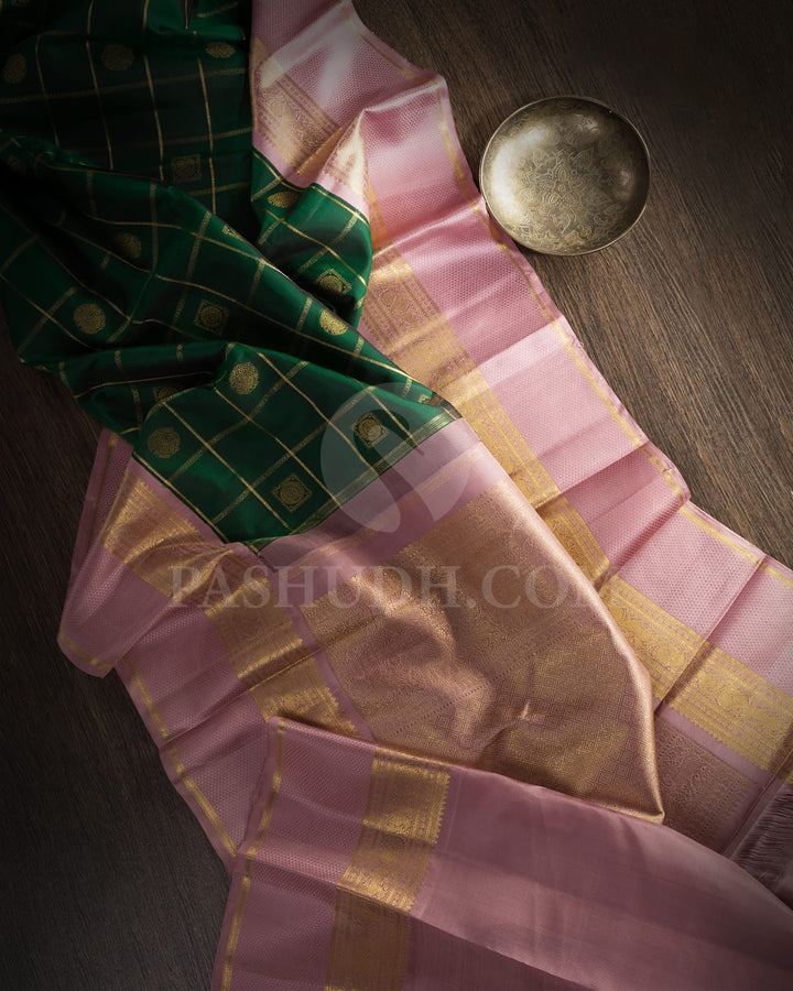 Bottle Green And Onion Pink Pure Zari Kanjivaram Silk Saree-SP213