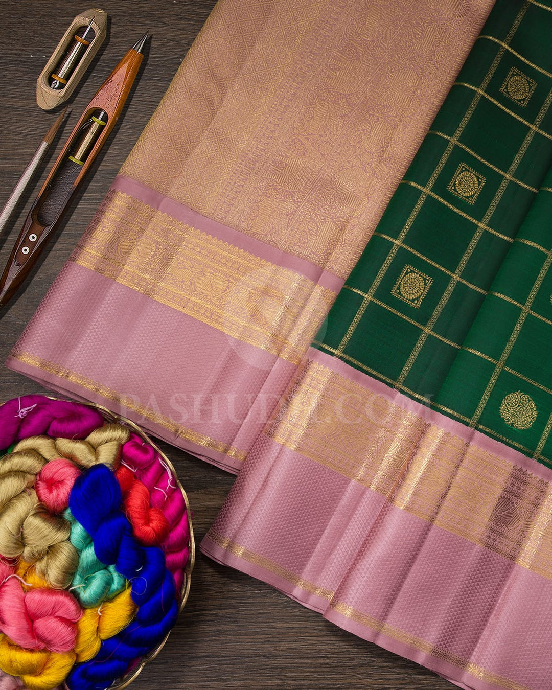 Bottle Green And Onion Pink Pure Zari Kanjivaram Silk Saree-SP213