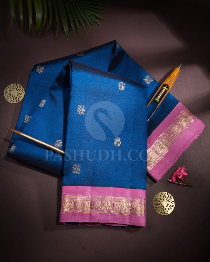 Cobalt Blue And Mulberry Pink Pure Zari Kanjivaram Silk Saree-SP220