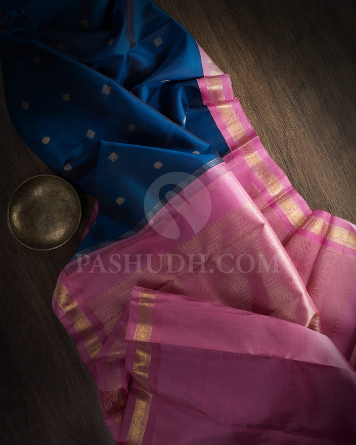 Cobalt Blue And Mulberry Pink Pure Zari Kanjivaram Silk Saree-SP220