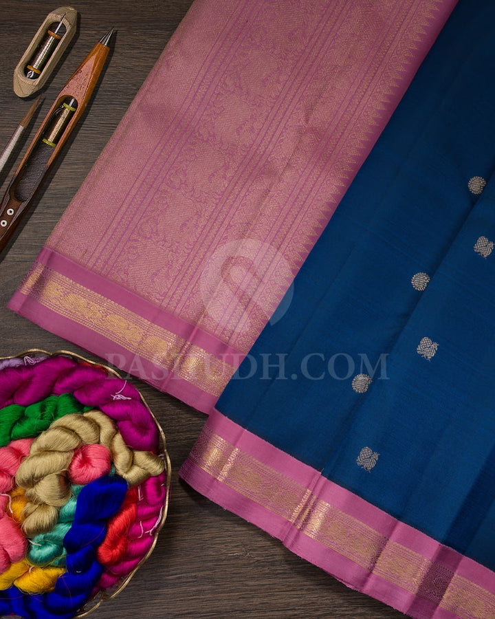 Cobalt Blue And Mulberry Pink Pure Zari Kanjivaram Silk Saree-SP220
