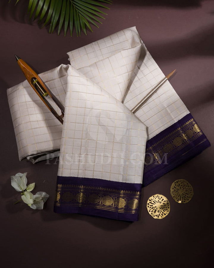 Cream And Deep Purple Pure Zari Kanjivaram Silk Saree-SP228