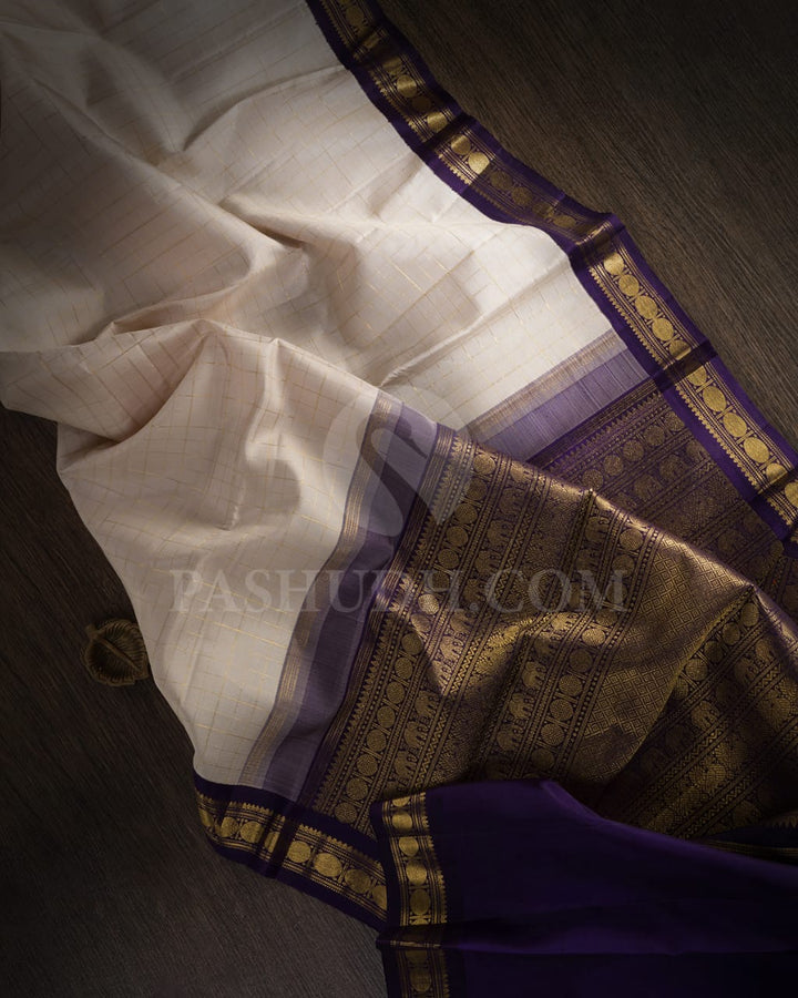 Cream And Deep Purple Pure Zari Kanjivaram Silk Saree-SP228