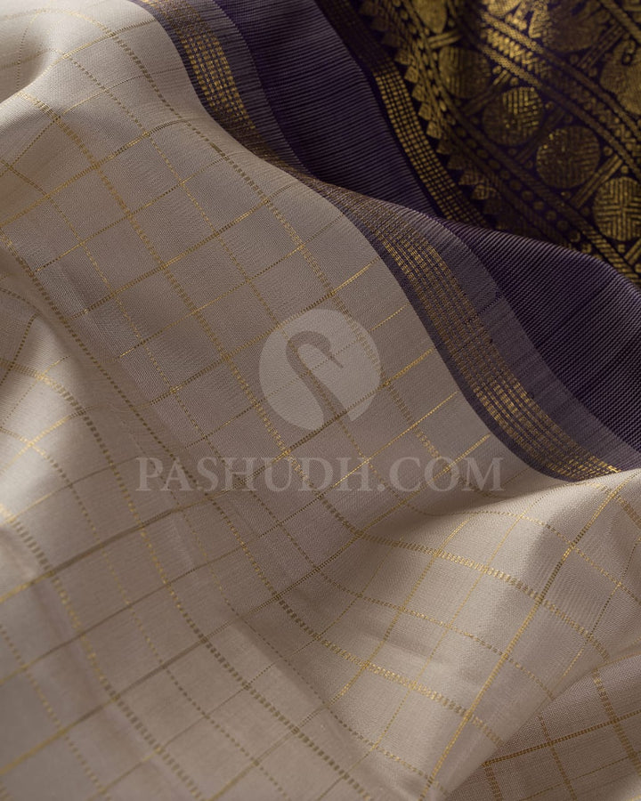 Cream And Deep Purple Pure Zari Kanjivaram Silk Saree-SP228