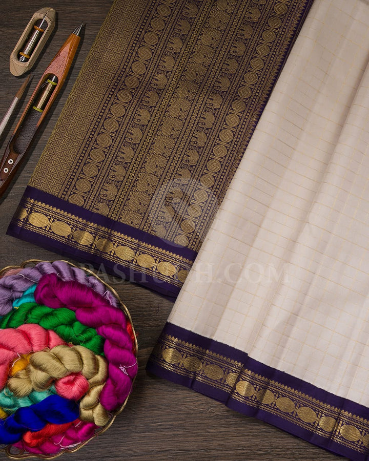 Cream And Deep Purple Pure Zari Kanjivaram Silk Saree-SP228