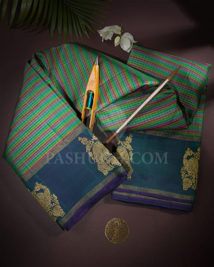 Multihue And Teal Blue Kanjivaram Silk Saree-S1549(A)