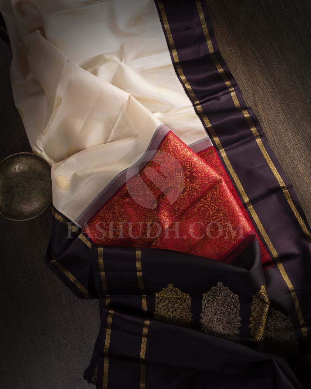 Cream And Aubergine Kanjivaram Silk Saree-S1537(B)