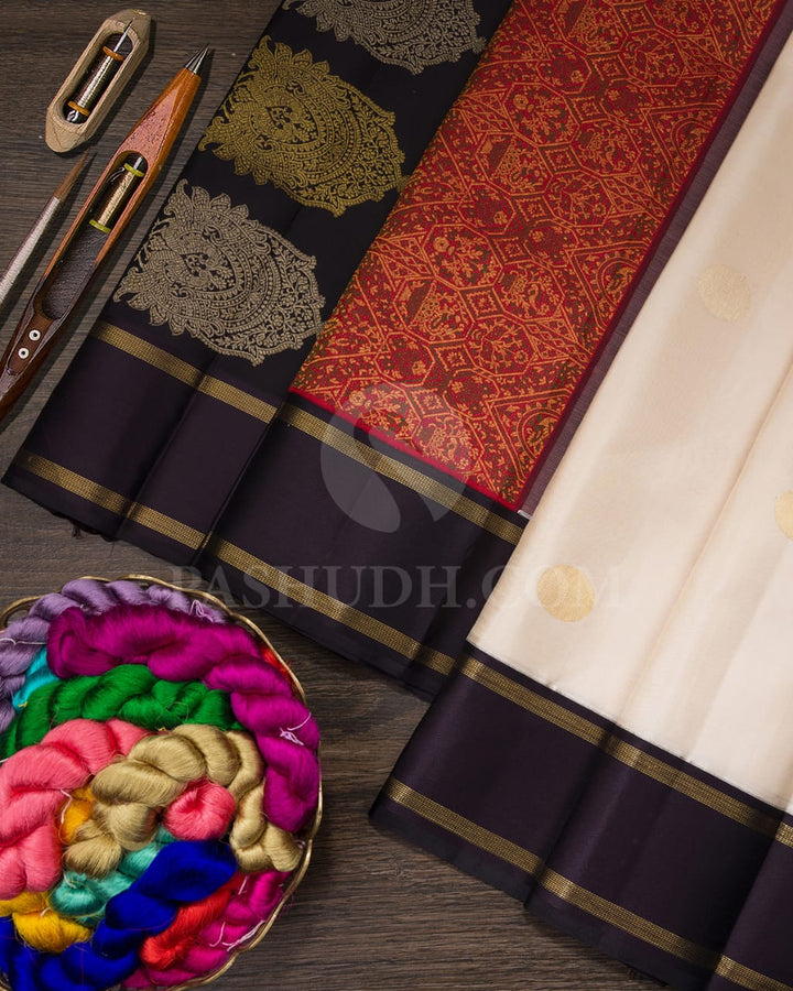 Cream And Aubergine Kanjivaram Silk Saree-S1537(B)