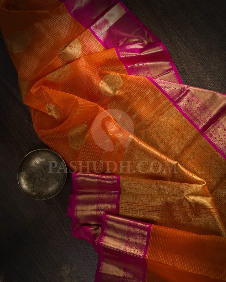 Orange And Rani Pink Kora Organza Kanjivaram Silk Saree-SP224