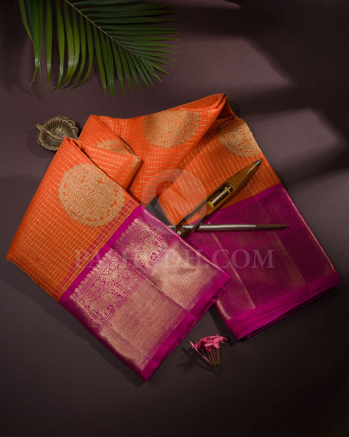 Orange And Rani Pink Kora Organza Kanjivaram Silk Saree-SP224