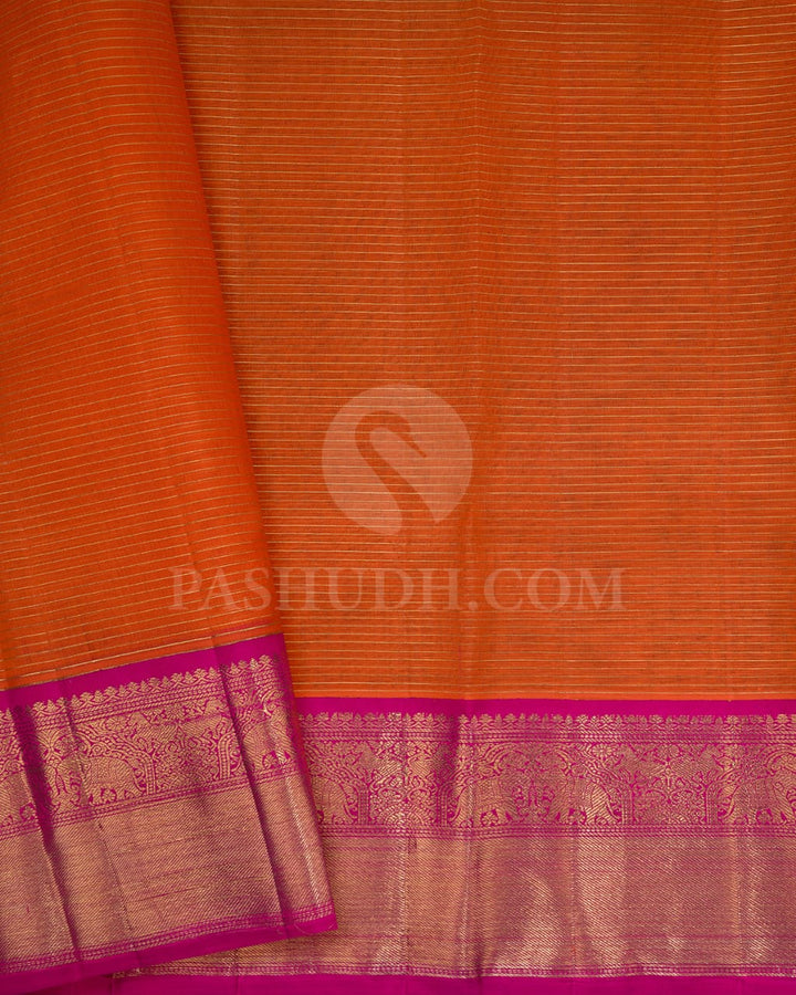 Orange And Rani Pink Kora Organza Kanjivaram Silk Saree-SP224