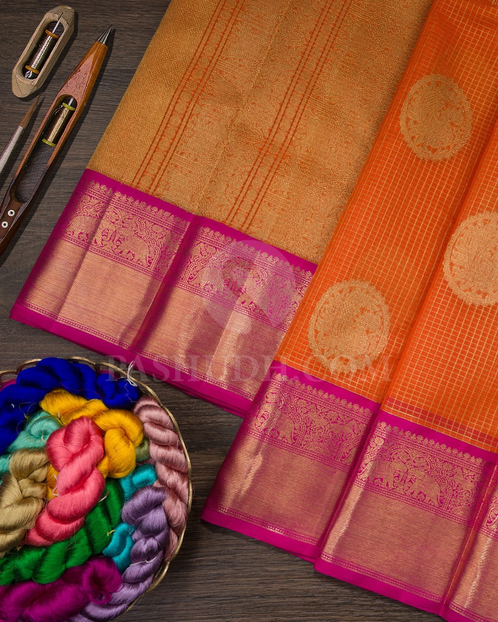 Orange And Rani Pink Kora Organza Kanjivaram Silk Saree-SP224