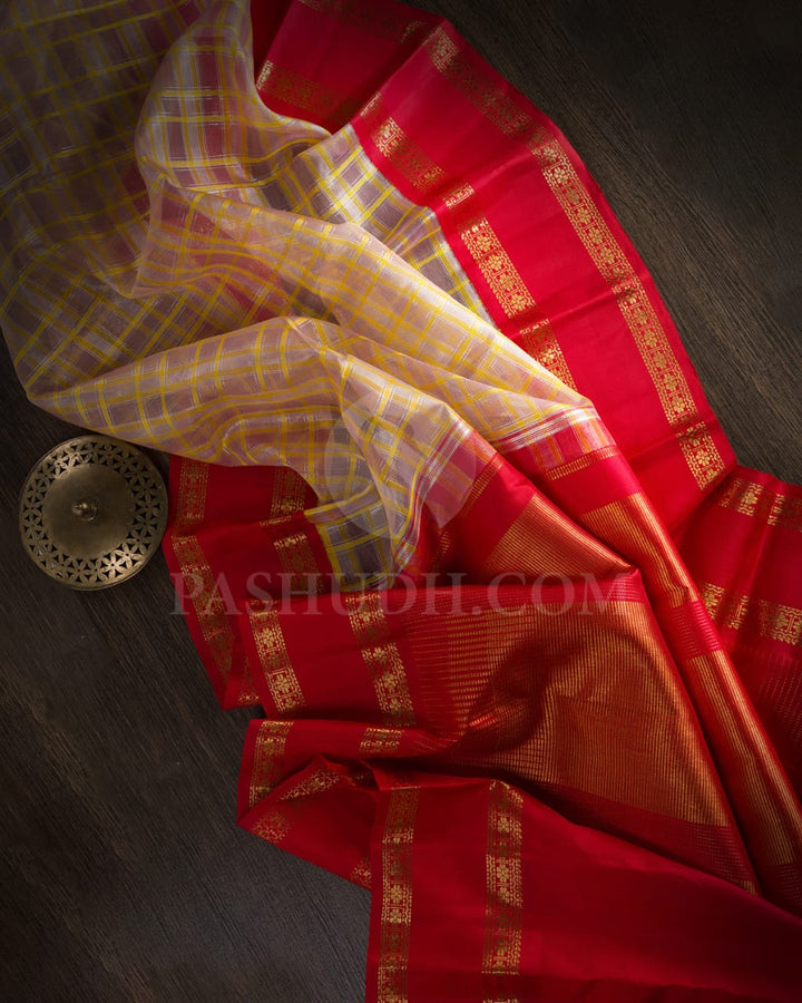 Pastel Lavender And Bright Red Organza Kanjivaram Silk Saree-SP234
