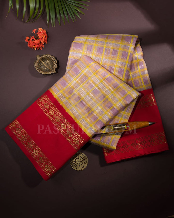 Pastel Lavender And Bright Red Organza Kanjivaram Silk Saree-SP234