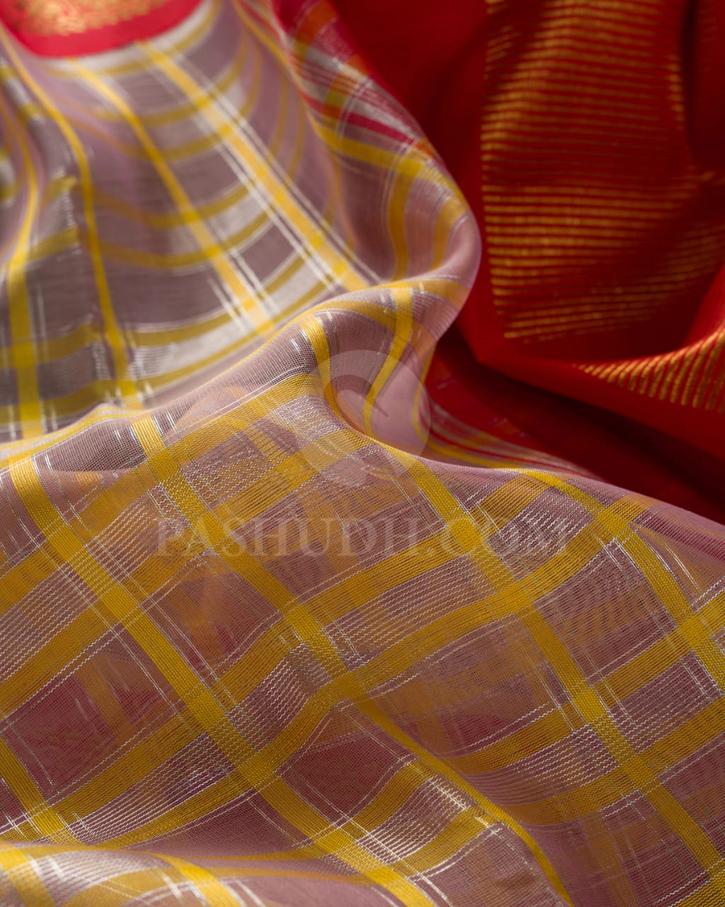 Pastel Lavender And Bright Red Organza Kanjivaram Silk Saree-SP234