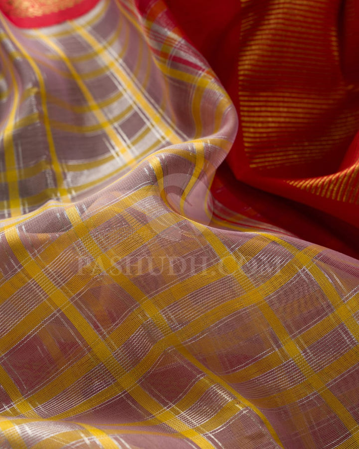 Pastel Lavender And Bright Red Organza Kanjivaram Silk Saree-SP234