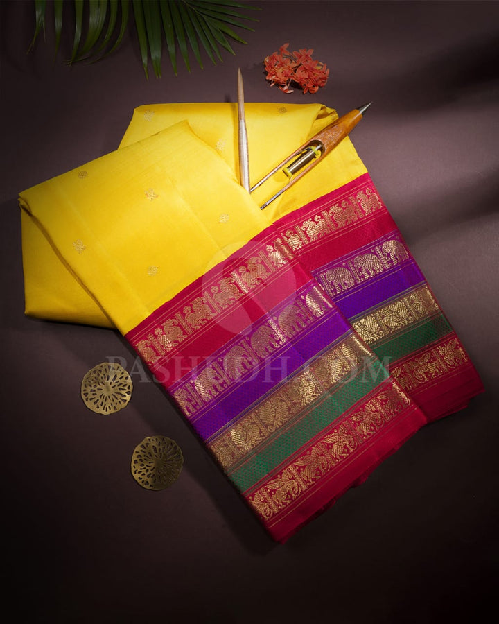 Bright Yellow And Maroon Pure Zari Kanjivaram Silk Saree-SP208