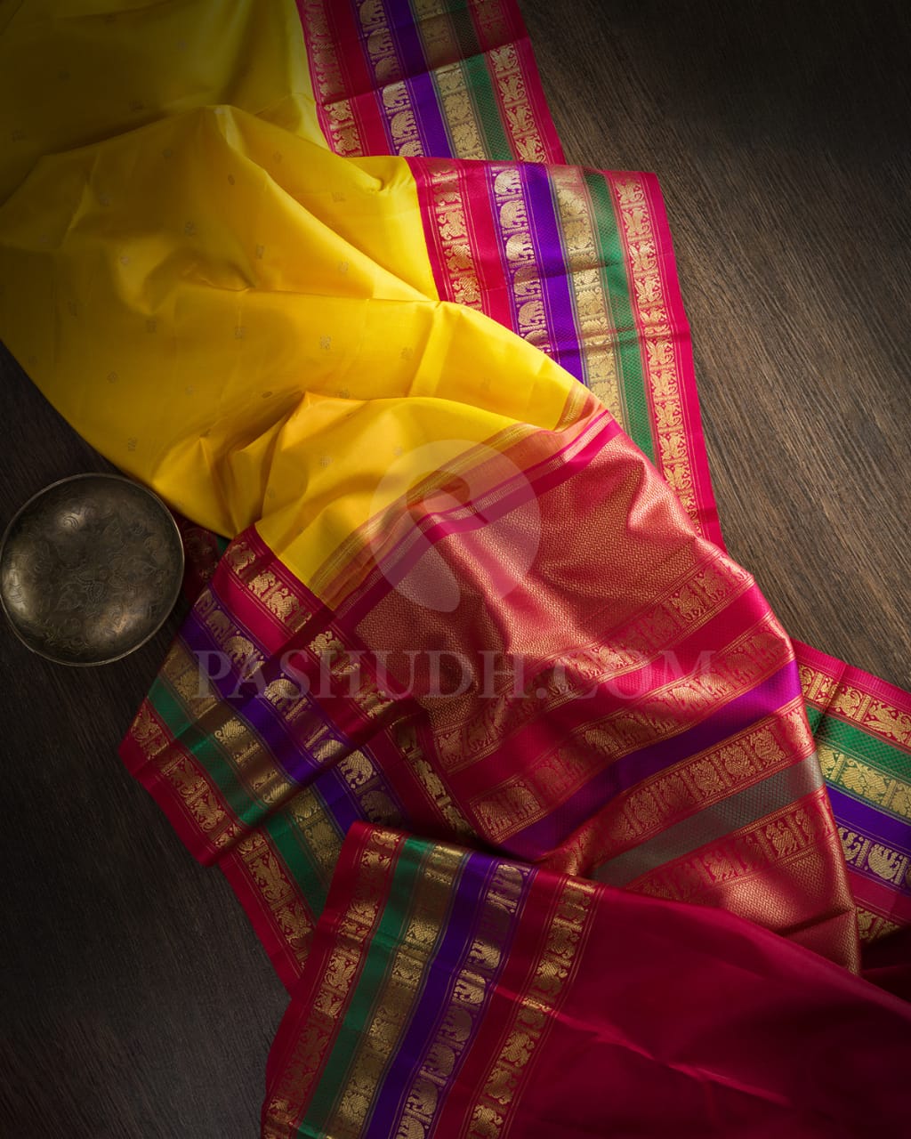Bright Yellow And Maroon Pure Zari Kanjivaram Silk Saree-SP208