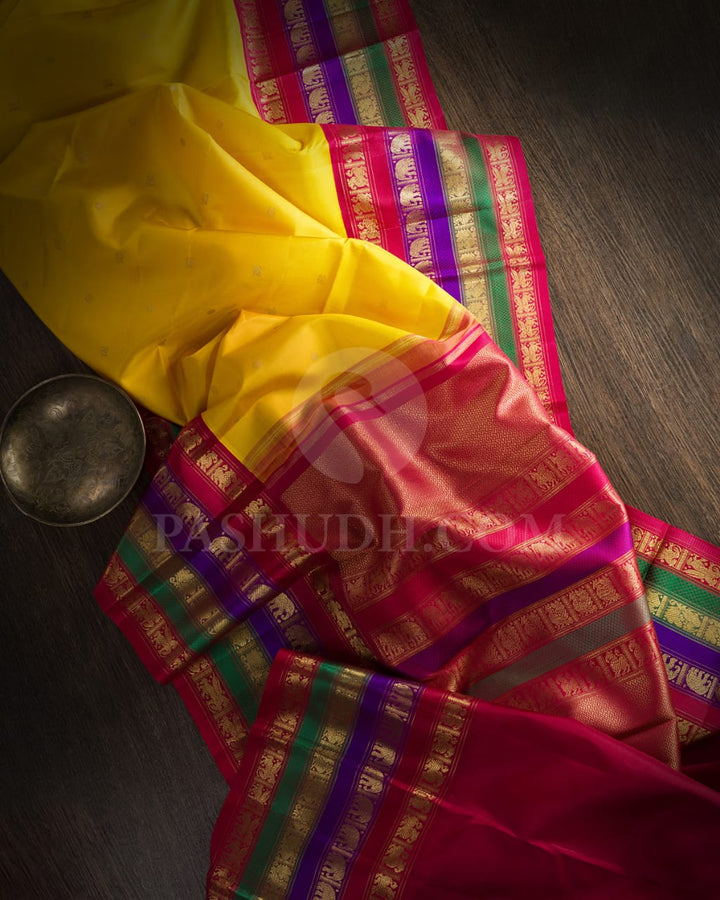 Bright Yellow And Maroon Pure Zari Kanjivaram Silk Saree-SP208