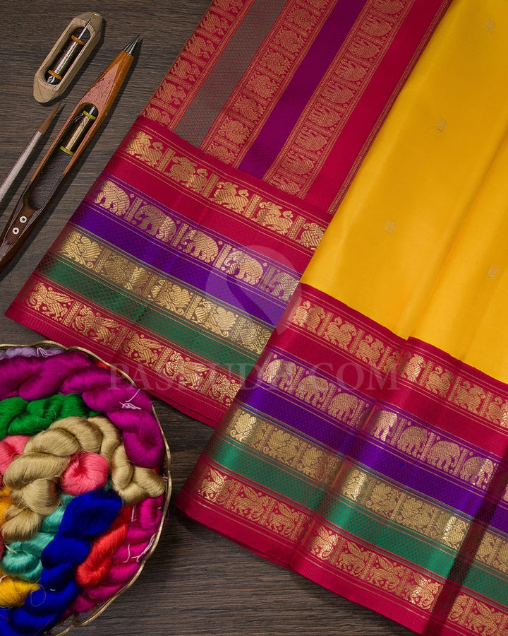 Bright Yellow And Maroon Pure Zari Kanjivaram Silk Saree-SP208
