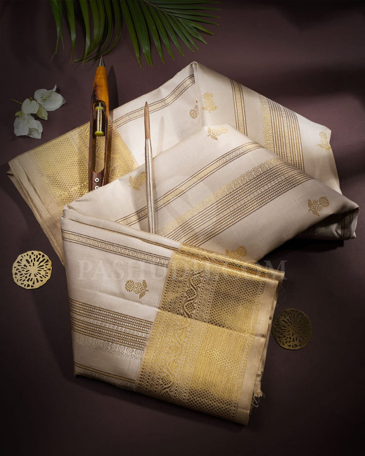 Half White And Beige Kanjivaram Silk Saree-S1364(C)