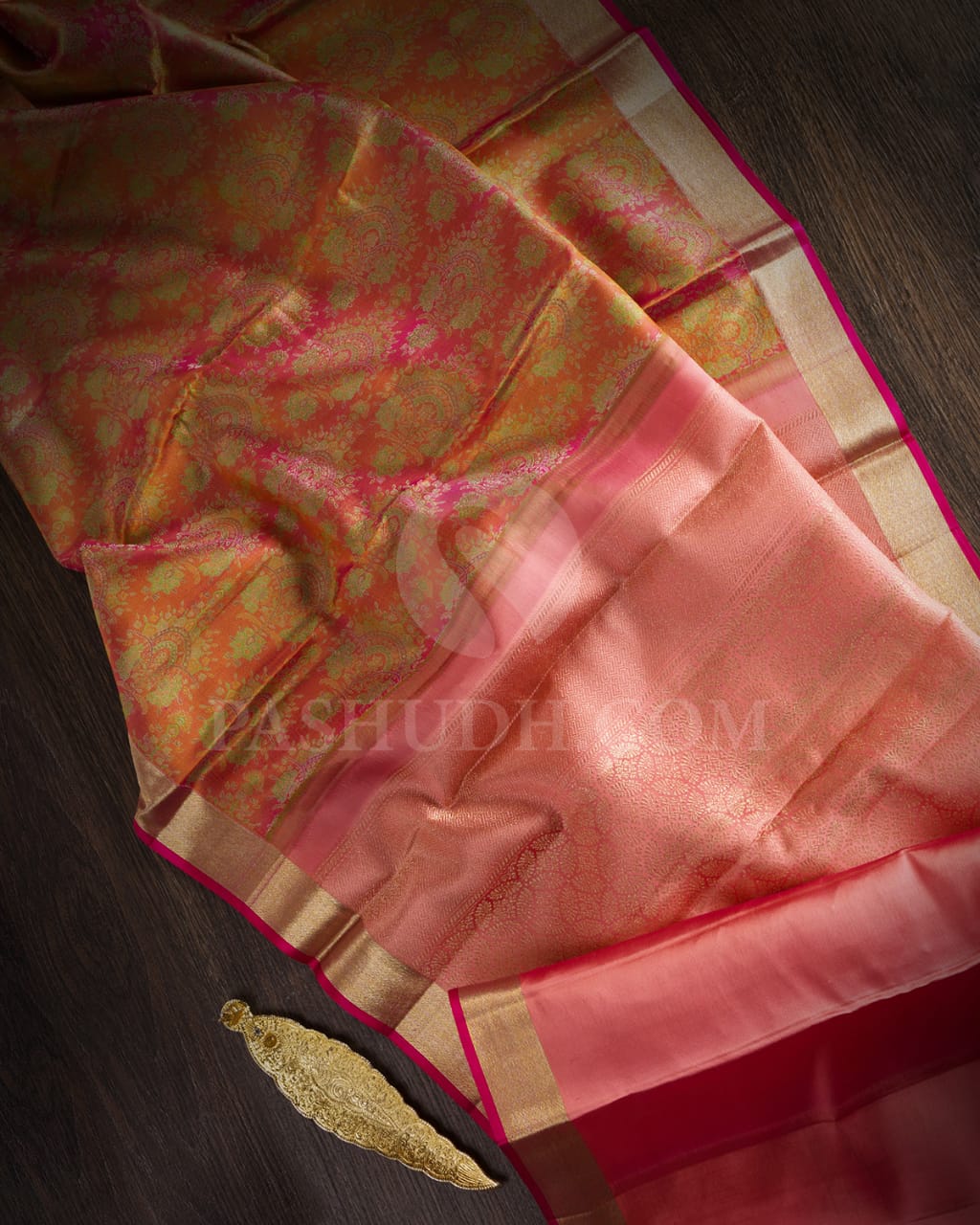 Dual Shaded Rust Orange With Peachy Pink Kanjivaram Silk Saree-DJ362(B)