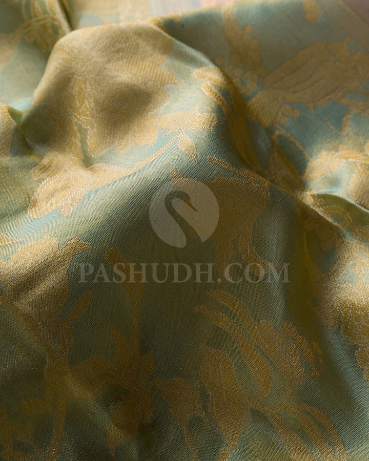 Pista Green With Pastel Lavander Kanjivaram Silk Saree-D519(E)