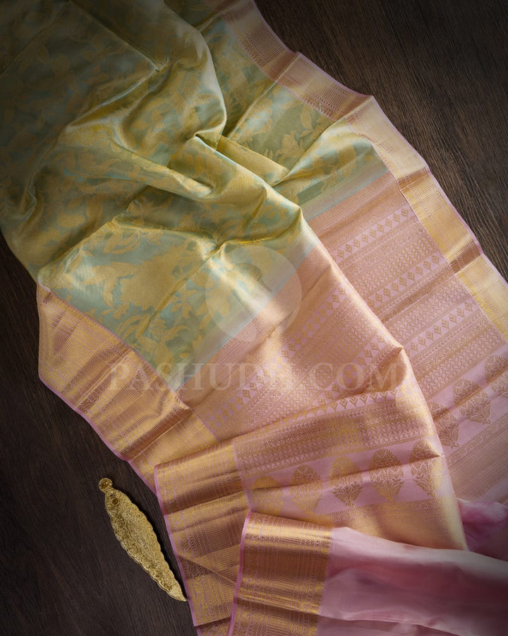 Pista Green With Pastel Lavander Kanjivaram Silk Saree-D519(E)