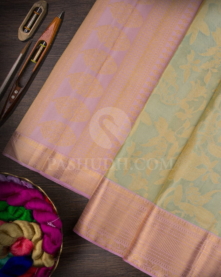 Pista Green With Pastel Lavander Kanjivaram Silk Saree-D519(E)
