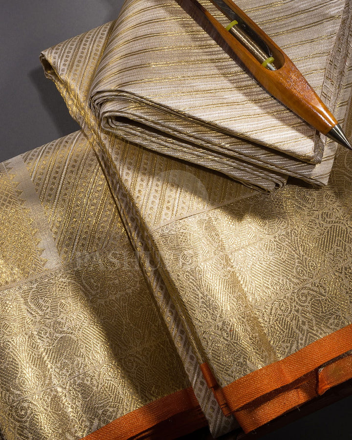 Beige Pure Silk Dhothi With Angavastram-V30
